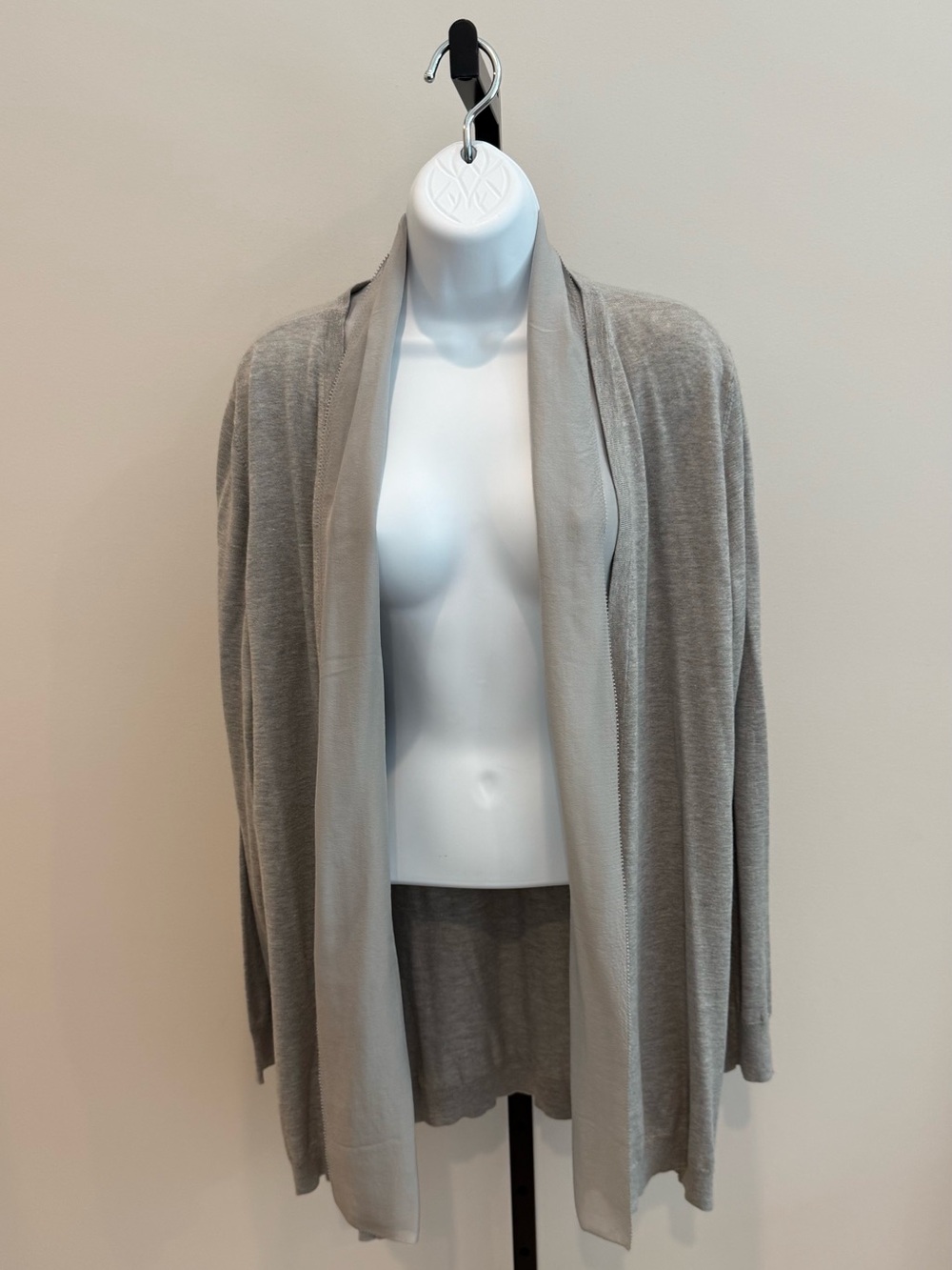 Eileen Fisher Light Gray Open-Front Drape Cardigan with Silk Trim